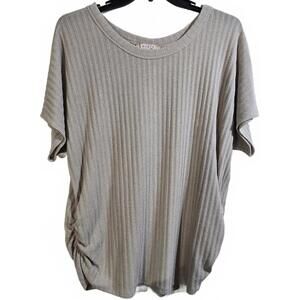 Misia Curvy Beige Ribbed Button-Back Short Sleeve Top Plus Size 1X